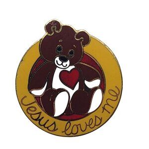 Vintage Creations Jesus Loves Me Teddy Bear Enamel Pin Christian Brooch